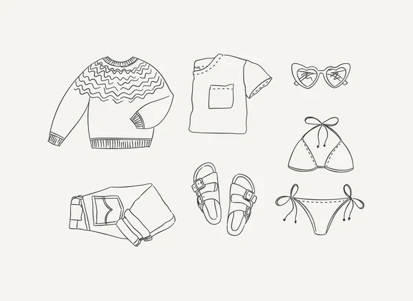 Komplet Odzieży Sweter Shirt Okulary Strój Kąpielowy Dżinsy Spodnie Kapcie — Wektor stockowy