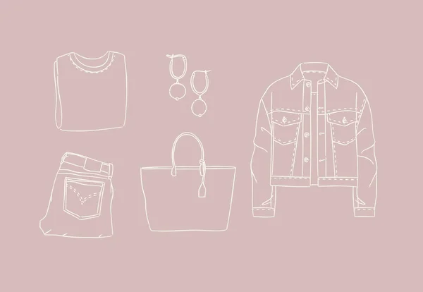 女性のための衣服のブラウス イヤリング パンツ ジーンズ バッグ ジャケットのセット桃の背景に手描きスタイルで現代の春の外観 — ストックベクタ