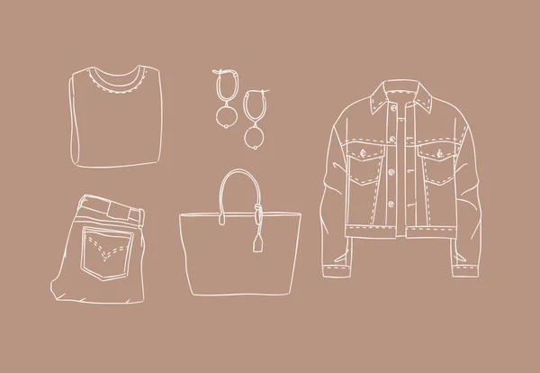 服のセットブラウス イヤリング パンツ ジーンズ バッグ ジャケット女性のための現代的な春の外観茶色の背景に手書きスタイル — ストックベクタ