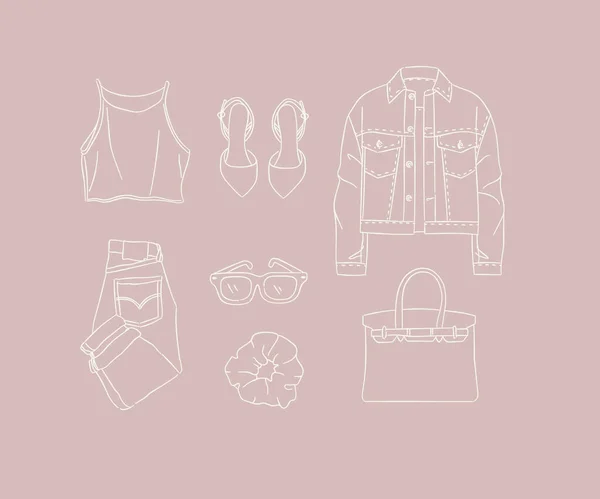 服のセットブラウス ジャケット ジーンズ パンツ メガネ ヘアピン バッグ女性のための現代的なデザインの手描きスタイルで桃の背景 — ストックベクタ