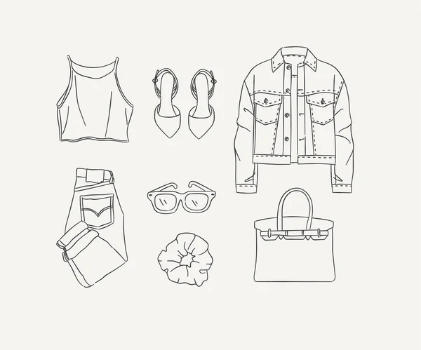 Set Clothes Blouse Shoes Jacket Jeans Pants Glasses Hairpin Bag — Stock Vector