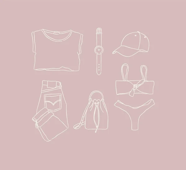 服のセットTシャツ 野球帽 パンツ ジーンズ バッグ 水着女性のための休暇の手描きスタイルで桃の背景 — ストックベクタ