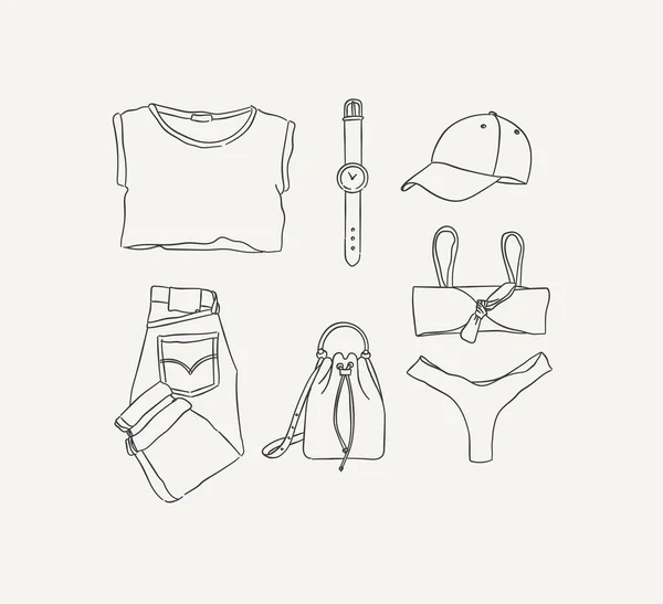 服のセットTシャツ 野球帽 パンツ ジーンズ バッグ 水着女性のための休暇の手描きスタイルでライトバック — ストックベクタ