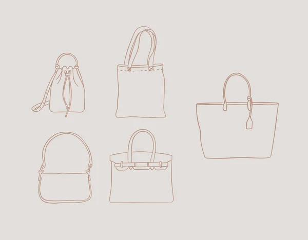 現代の女性のためのハンドバッグのセットはベージュの色の背景に描かれて見える — ストックベクタ