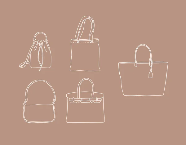 現代の女性のためのハンドバッグのセットは茶色の背景に描かれて見える — ストックベクタ