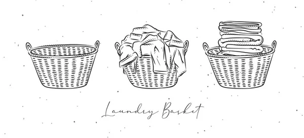 白い背景にグラフィックスタイルで描かれた汚れてきれいな服で 空の洗濯バスケット — ストックベクタ