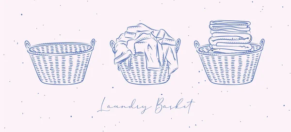 桃の背景にグラフィックスタイルで描かれた汚れてきれいな服で 空の洗濯バスケット — ストックベクタ