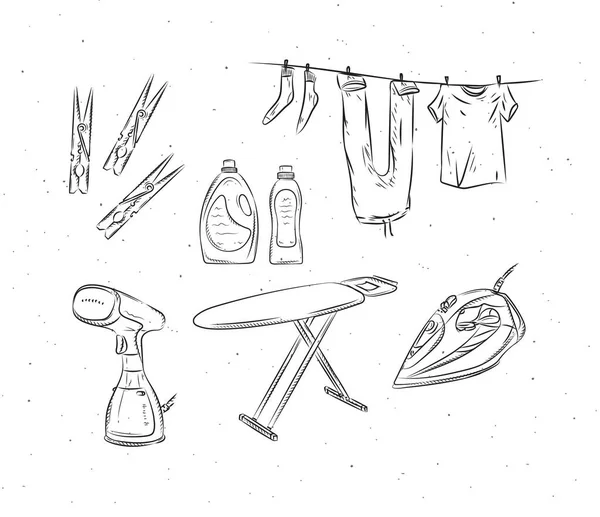 アイロンと洗濯の付属品布ピン ボード コンディショナー リネン 白い背景にグラフィックスタイルで石鹸図面 — ストックベクタ