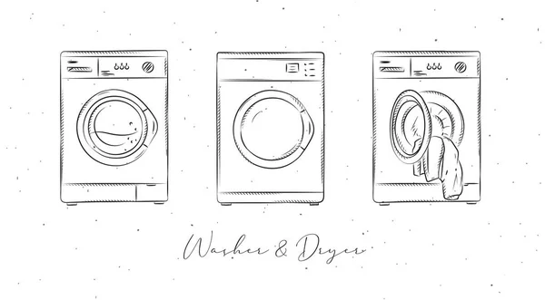 Temiz Kıyafetler Için Çamaşır Makinesi Kurutma Makinesi Beyaz Arkaplanda Grafik — Stok Vektör