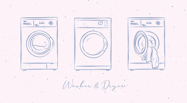 복숭아 배경에 그래픽으로 세탁하는 세탁기와 건조기 — 스톡 벡터