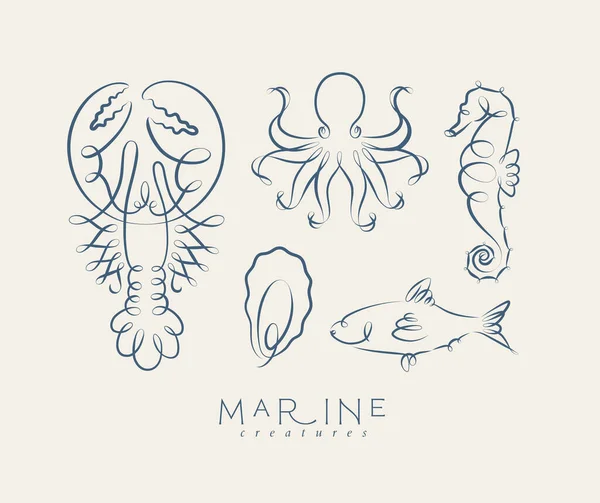 Tourbillon Filigrane Créatures Marines Océaniques Homard Poulpe Hippocampe Huître Poisson — Image vectorielle