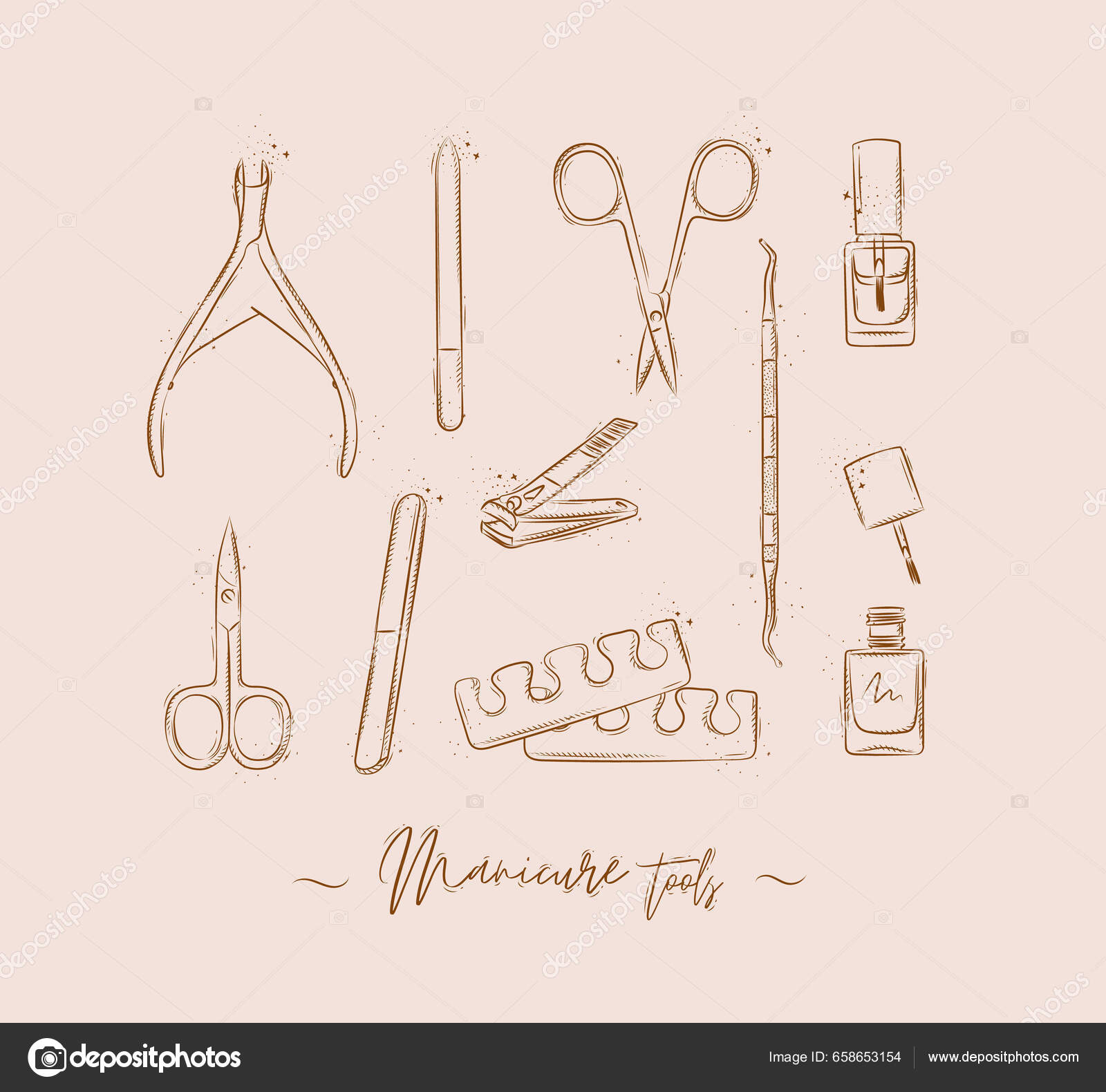Basic nail tools, outline classical pedicure collection of tools, hand  drawn doodle sketch with inscription, isolated vector color illustration  Stock Vector | Adobe Stock