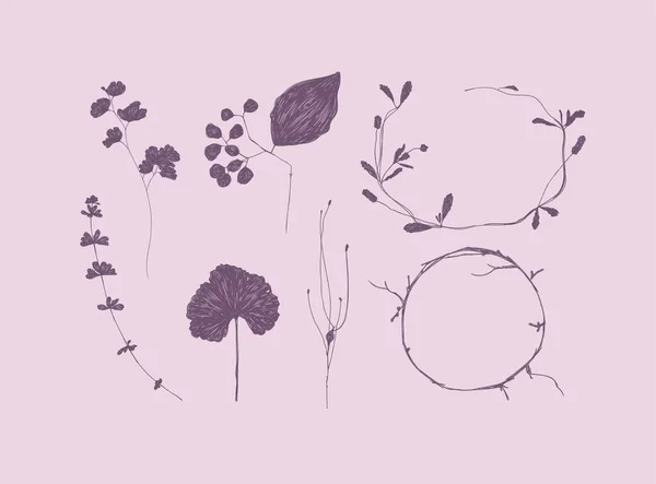 Силуэты Листьев Ветвей Рисуют Фиолетовом Фоне — стоковый вектор