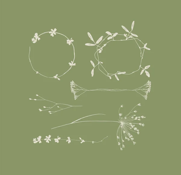Ветви Листья Цветы Силуэты Установить Рисунок Зеленом Фоне — стоковый вектор