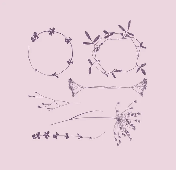 Ветви Листья Цветы Силуэты Установить Рисунок Фиолетовом Фоне — стоковый вектор