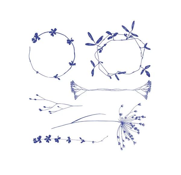 Branche Foglie Fiori Silhouette Set Disegno Sfondo Bianco — Vettoriale Stock