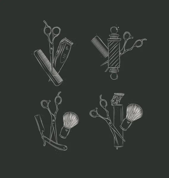 Simbol Toko Cukur Koleksi Komposisi Dengan Gunting Pemangkas Pisau Sikat - Stok Vektor
