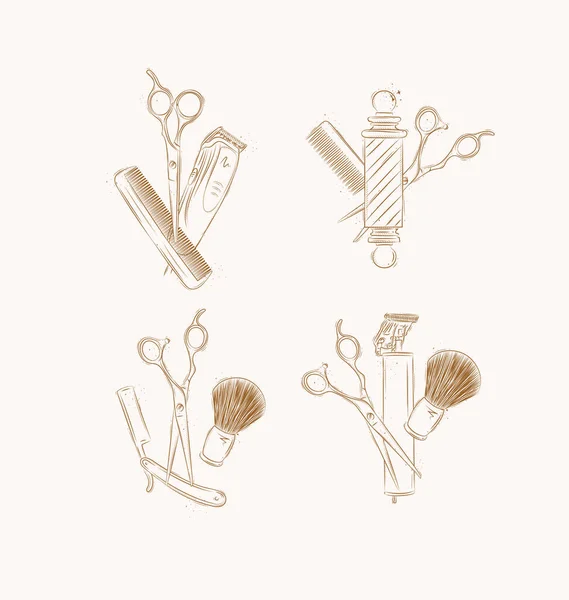 Simbol Toko Cukur Koleksi Komposisi Dengan Gunting Pemangkas Pisau Sikat - Stok Vektor