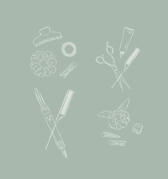 Коллекция Инструментов Аксессуаров Создания Рисунков Причесок Зеленом Фоне — стоковый вектор
