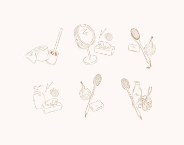 Banyo aksesuarlı hijyen kompozisyonları şampuan, sabun, tuvalet kağıdı, fırça, ayna, kulak çubuğu, kozmetik mendil, pamuk sünger, sünger taşı, sünger taşı, banyo fırçası, duş jeli, bej arka planda çamaşır bezi çizimi
