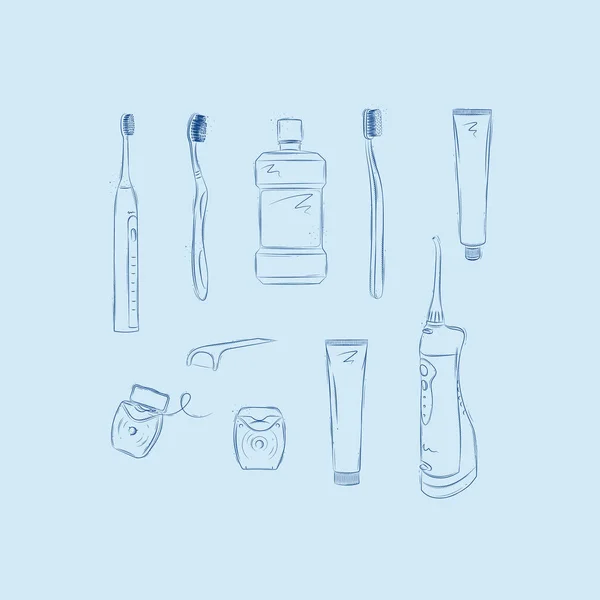 Zahnpflege Zubehör Elektrische Zahnbürste Regelmäßige Zahnbürste Mundwasser Zahnpasta Zahngel Zahnseide — Stockvektor