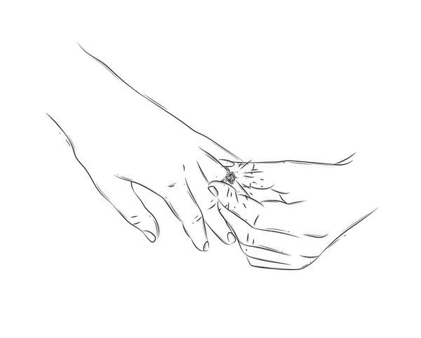 Рука Чоловіка Обручці Жіночому Пальці Малює Білому Тлі — стоковий вектор