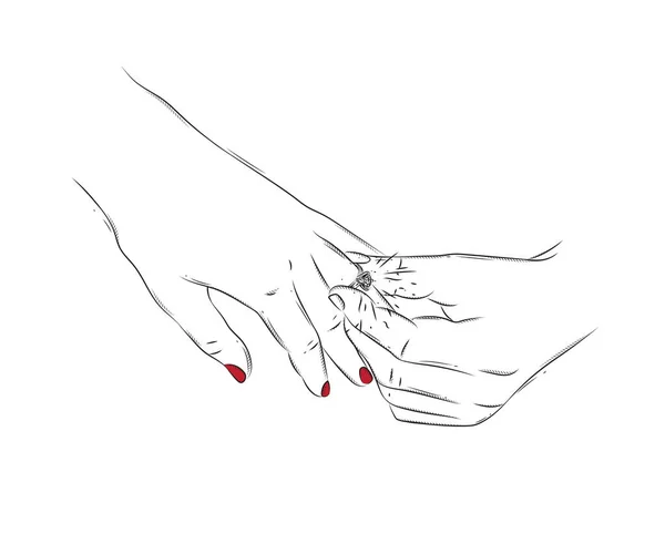 男人的手 戴着结婚戒指 戴在女人的手指上 涂着红色的白色背景 — 图库矢量图片