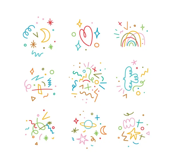 Cute Color Linear Composition Moon Heart Rainbow Tornado Planets Symbols — Stock Vector