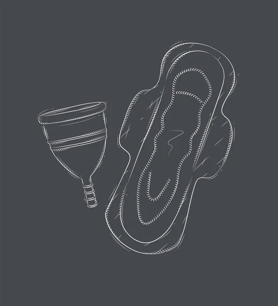 黒い背景に描かれた月経カップと女性の衛生パッド組成 — ストックベクタ
