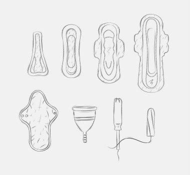 Kadınlar adet aletleri tampon, hijyenik ped, gri arka planda regl kupası çizimi