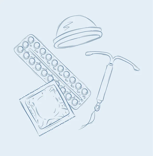 女性のダイヤフラム 避妊のための室内装置 コンドームのパックおよび青い背景に描画する避妊薬の構成 — ストックベクタ