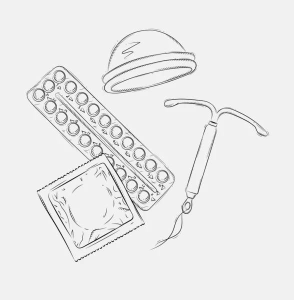 女性のダイヤフラム 避妊のための室内装置 コンドームのパックおよび灰色の背景に描画する避妊薬の構成 — ストックベクタ
