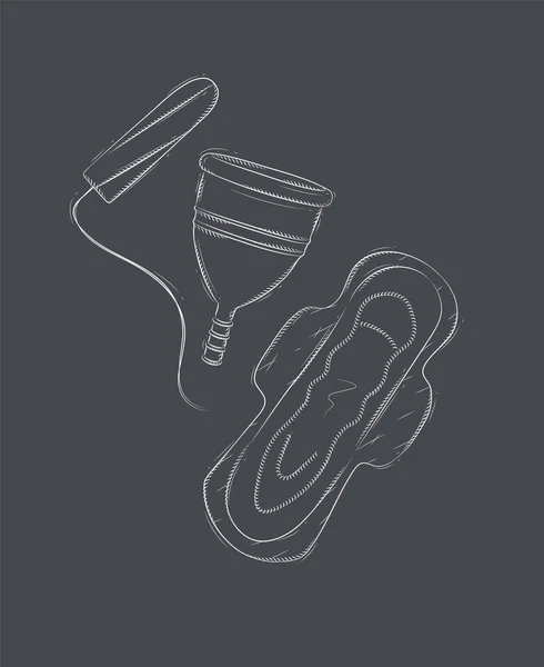 Tampon Damenbinden Und Menstruationstasse Komposition Zeichnung Auf Schwarzem Hintergrund — Stockvektor