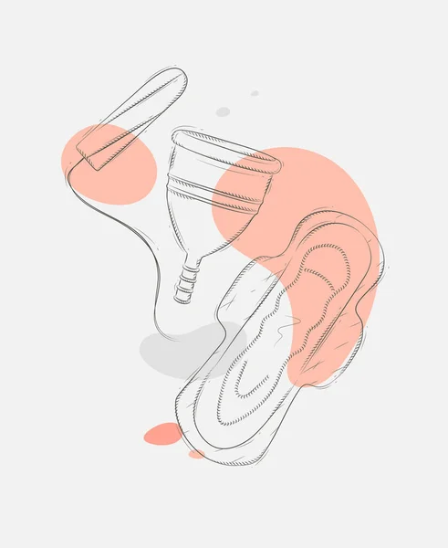 Tampon Women Sanitary Pad Menstrual Cup Composition Drawing Splash Grey — Stock Vector