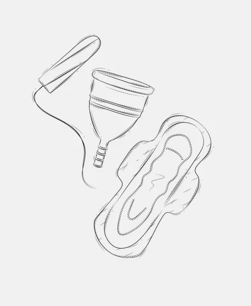 Tampon Damenbinden Und Menstruationstasse Komposition Zeichnung Auf Grauem Hintergrund — Stockvektor