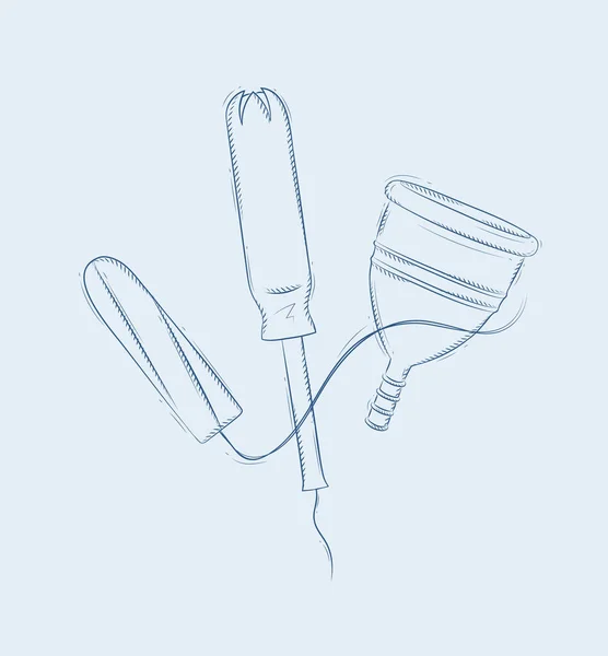 Tampon Und Menstruationstasse Komposition Zeichnung Auf Blauem Hintergrund — Stockvektor