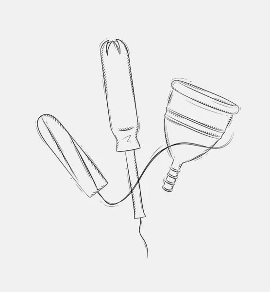 Tampon Menstruační Šálek Kompozice Kreslení Šedém Pozadí — Stockový vektor