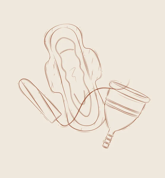 Tampon Damenbinden Und Menstruationstasse Set Zeichnung Auf Beigem Hintergrund — Stockvektor