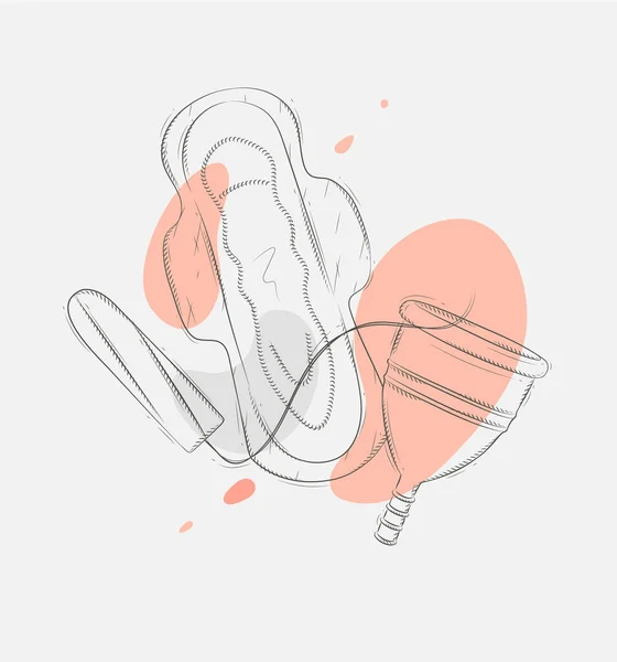 Tampon Damenbinden Und Menstruationstasse Set Zeichnung Mit Spritzer Auf Grauem — Stockvektor