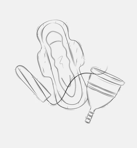 Тампон Женская Гигиеническая Прокладка Набор Менструальных Чашек Рисунок Сером Фоне — стоковый вектор
