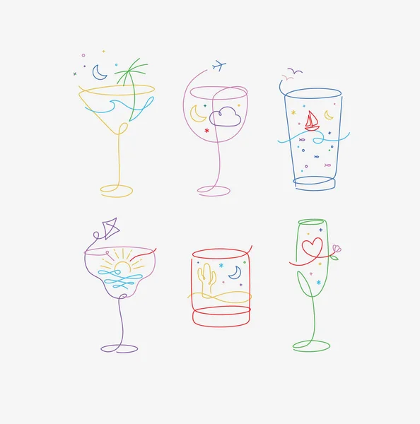 Cocktail Glasses Vacation Holiday Theme Line Style Drawing Color Grey — Stock Vector
