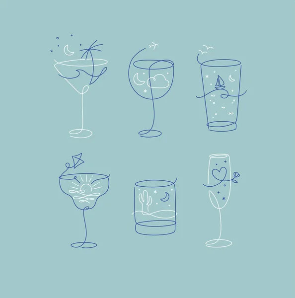 Cocktail Lunettes Vacances Thème Vacances Dans Style Ligne Dessin Sur — Image vectorielle