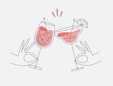 Hand holding margarita and sprits cocktails clinking glasses drawing in flat line style clipart