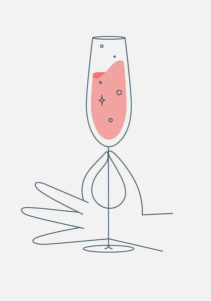 手持玻璃杯的香槟画成扁平线条风格 — 图库矢量图片
