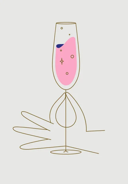 Ele Tutuşan Şampanya Bardağı Bej Arka Planda Düz Çizgi Şeklinde — Stok Vektör