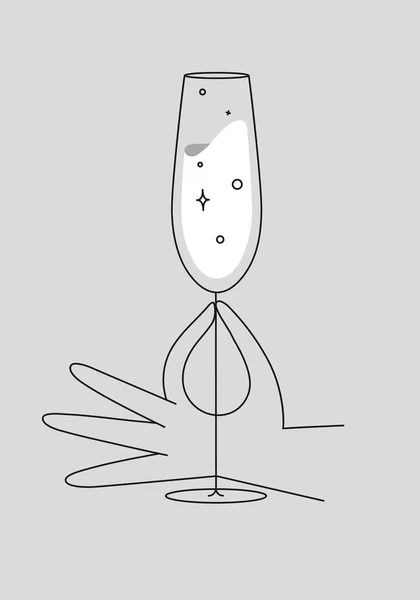 Hand Holding Glas Champagne Tekening Vlakke Lijn Stijl Grijze Achtergrond — Stockvector