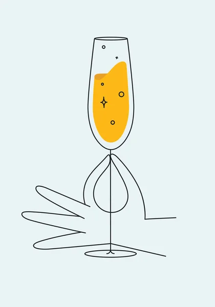 Hand Hålla Glas Champagne Ritning Platt Linje Stil Ljus Bakgrund — Stock vektor