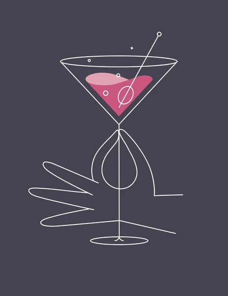 Hand Hält Glas Mit Kosmopolitischer Cocktailzeichnung Flachen Linienstil Auf Dunkelblauem — Stockvektor