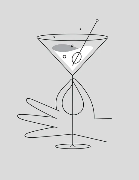 Hand Hält Glas Mit Kosmopolitischer Cocktailzeichnung Flachen Linienstil Auf Grauem — Stockvektor