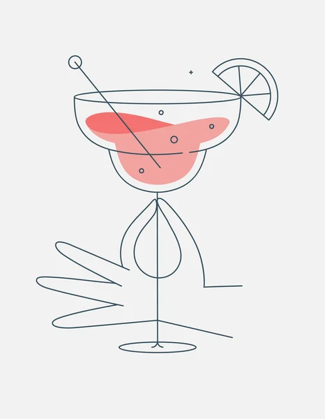 Hand Hält Glas Margarita Cocktail Zeichnung Flacher Linie — Stockvektor